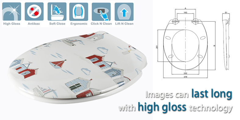 toilet seat with printed houses and castles