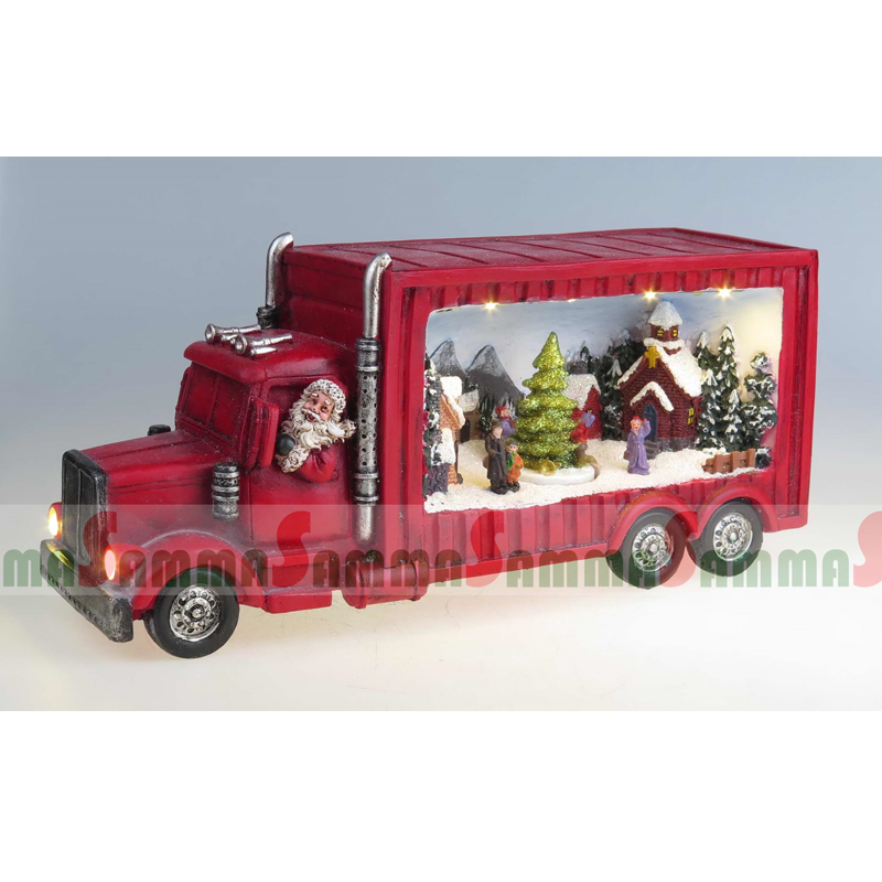 Vrachtwagen met kerstscène, draaiende boom, LED-lit