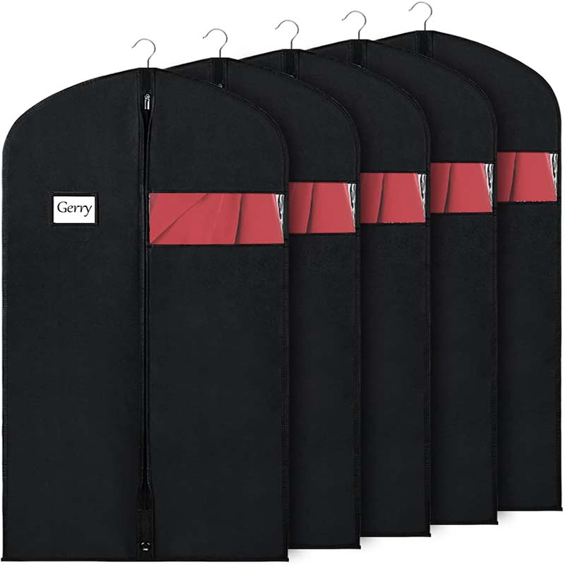 Personaliseer non-woven in de boetiek verkrijgbare zwarte organza kledinghoes met ritssluiting en transparante pakzak met venster
